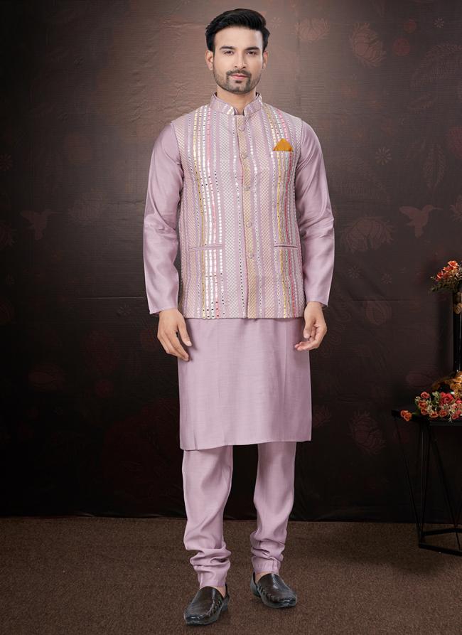 Pure Silk Pink Traditional Wear Mirror Work Readymade Modi Jacket Kurta Pajama